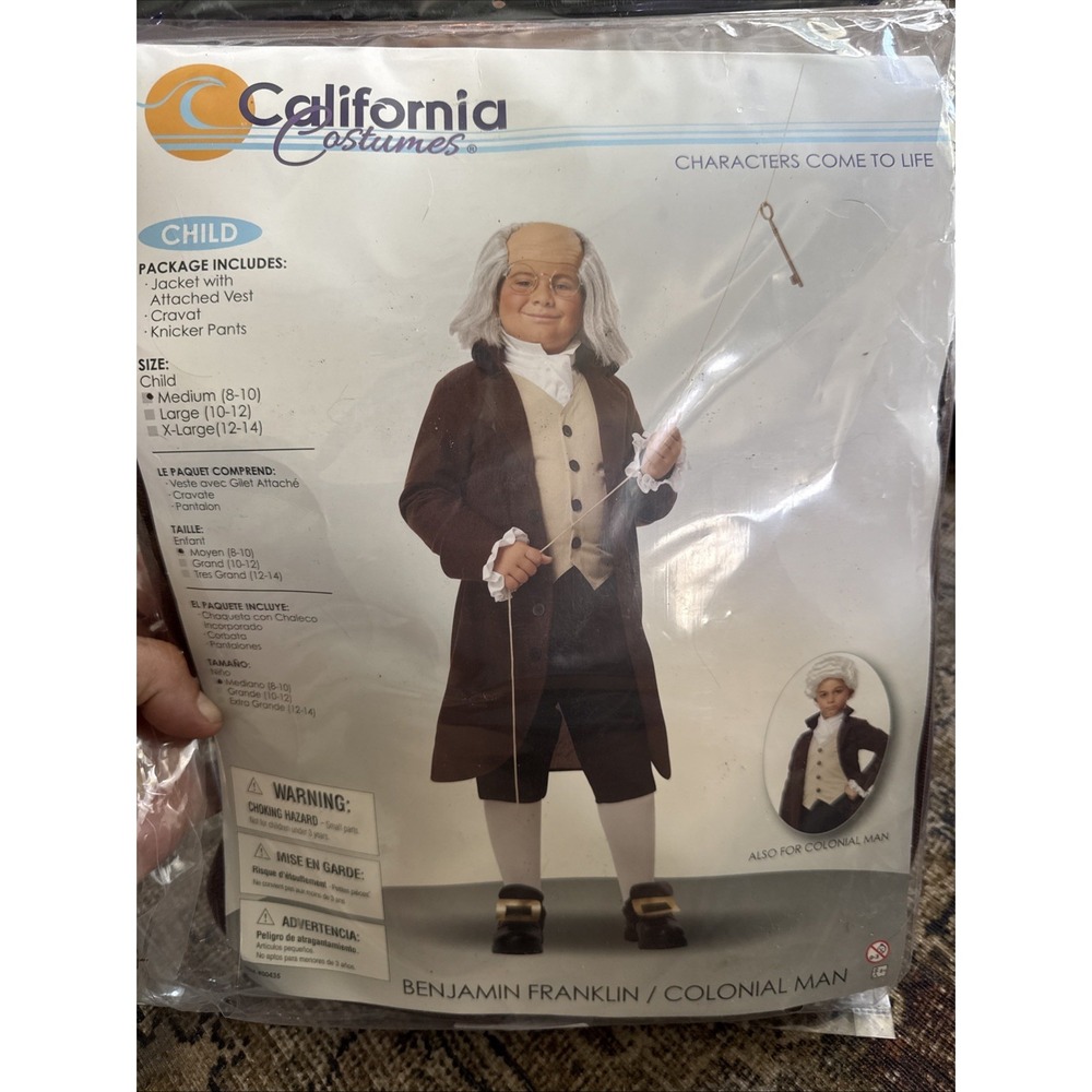 California Costumes Benjamin Franklin Colonial Man Child M 8-10 00435 NWT
